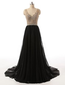 Custom Designed V-neck Sleeveless Homecoming Dress With Brush Train Beading Black Tulle