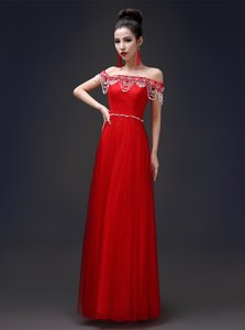 Off the Shoulder Beading Prom Dresses Red Lace Up Sleeveless Floor Length