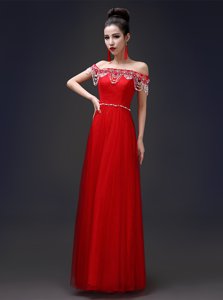 Off the Shoulder Beading Prom Dresses Red Lace Up Sleeveless Floor Length