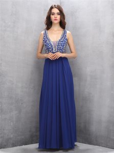 Vintage Royal Blue A-line Chiffon V-neck Sleeveless Beading Floor Length Zipper Prom Dresses