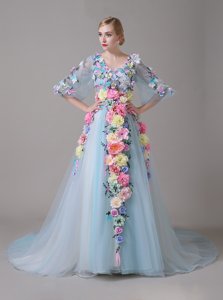 Customized With Train Blue Homecoming Dress Organza Court Train Half Sleeves Hand Made Flower