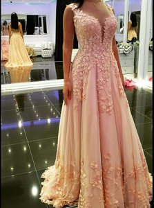 Traditional Peach A-line V-neck Sleeveless Tulle Floor Length Backless Appliques Prom Party Dress