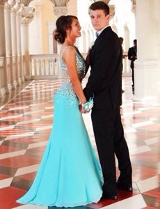 Mermaid Zipper Evening Dress Blue and In for Prom and Party with Beading Court Train