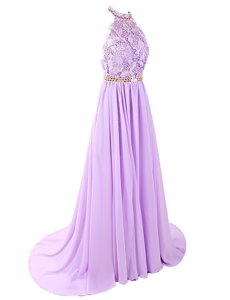 Lavender Backless Lace Prom Gown Chiffon Sleeveless Brush Train