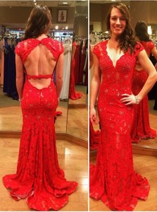 Enchanting Mermaid Red Sweetheart Backless Lace Prom Party Dress Court Train Cap Sleeves