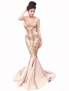 Nice Mermaid Peach Homecoming Dress Prom and For with Beading Scoop Sleeveless Brush Train Zipper