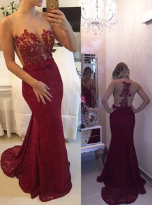 Eye-catching Mermaid Burgundy Zipper Scoop Beading and Appliques and Bowknot Evening Dress Chiffon Sleeveless Court Train