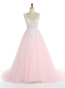 Fashion Pink Zipper Prom Party Dress Appliques Sleeveless With Train Sweep Train
