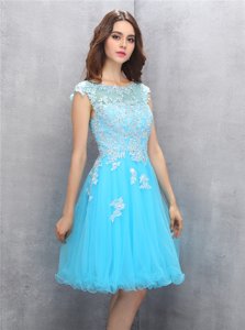 Spectacular Scoop Knee Length Blue Tulle Sleeveless Beading and Appliques