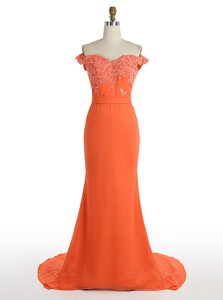 Orange Mermaid Off The Shoulder Sleeveless Satin With Train Sweep Train Zipper Lace Prom Party Dress