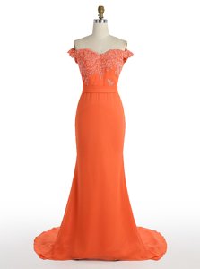 Orange Mermaid Off The Shoulder Sleeveless Satin With Train Sweep Train Zipper Lace Prom Party Dress