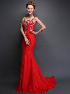Amazing Mermaid Spaghetti Straps Sleeveless Brush Train Zipper Homecoming Dress Red Satin