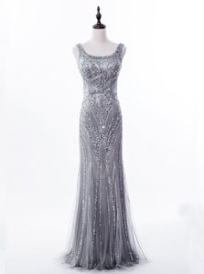 Chic Mermaid Square Zipper Dress for Prom Grey and In for Prom and Party with Beading and Sequins Brush Train