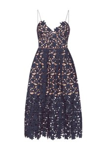 Customized Sleeveless Lace Tea Length Zipper Prom Party Dress in Navy Blue for with Lace