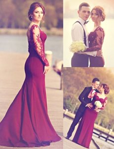 Deluxe Burgundy Mermaid Scoop Long Sleeves Elastic Woven Satin Brush Train Zipper Appliques Prom Party Dress