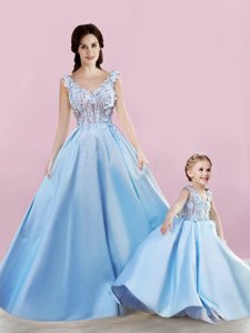 High Quality Floor Length Baby Blue Prom Evening Gown Sleeveless Lace Up