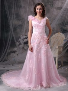Baby Pink Princess V-neck Chiffon Prom Dress with Appliques and Ruche