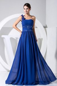 One Shoulder Blue Beading and Hand Flowers Chiffon Prom Dress