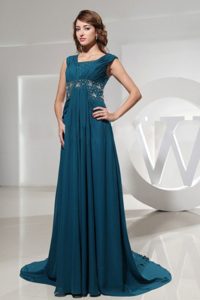 Square Blue Ruching Column Prom Dress with Beading and Brush Train