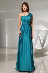 Hand Flowers One Shoulder Empire Ruching Formal Prom Dress in Teal