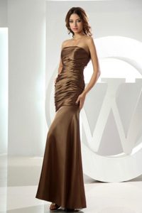 Ruche Mermaid Brown Strapless Ankle-length Prom Dress in Gold Coast
