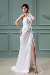 White One Shoulder Empire High Slit Brush Train for Prom Dress