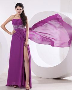 One Shoulder High Slit Fuchsia Beading Prom Dress With Watteau Train