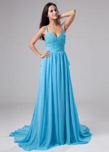 Blue Empire Straps Sweetheart Beading Chiffon Prom Dress with Court Train