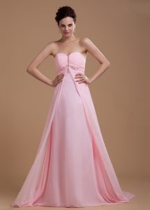 Baby Pink Sweetheart Beaded Chiffon Prom Dress With Court Train