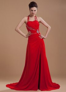 High Slit Beading Halter Top Red Chiffon Brush Train Prom Dresses