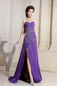 Beaded Purple Prom Evening Dress With High Slit Floor Length