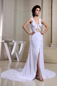 White Brush Train Prom Dress With Cutout Bodice and High Slit