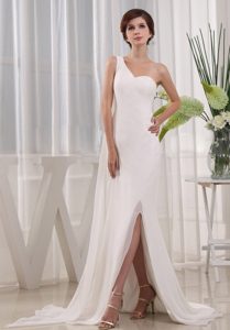 Middle Slit Column Ivory One Shoulder Prom Pageant Dress
