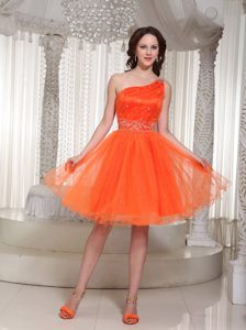 Beading One Shoulder Lace-up Organza Prom Dress With in Orange