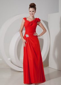 Empire V-neck Red Floor-length Chiffon Prom Evening Dress with Appliques