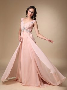 V-neck Straps Court Train Beading Prom Evening Dress in Peach