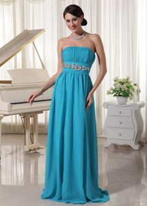 Elegant A-line Beading Ruche Chiffon Floor-length Prom Dress in Teal