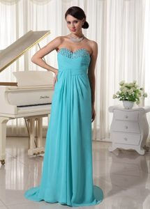 Aqua Ruche and Beading Sweetheart Chiffon Prom Dress With Brush Train