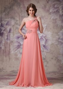 Watermelon Ruching One Shoulder Prom Dress Brush Train and Beading