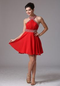 Halter Beading and Pleats Stylish Prom Dress With Mini-length