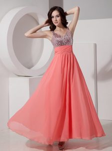Beading Watermelon Empire Straps Prom Dress Ankle-length