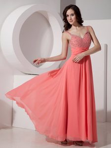 Latest Watermelon Straps Beaded Prom Dress in Ankle-length