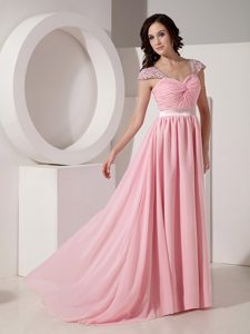 Exclusive Baby Pink Cap Sleeves and Beading Prom Dress