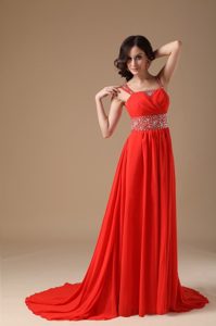 Dust Red Evening Prom Dress with Beading Straps Court Train