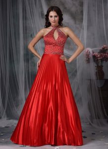 Red Pleat High-neck Prom Dress with Beading and Key Hole