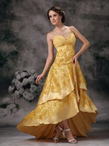 Yellow A-line Straps Lace Brush Prom Dress in High-low