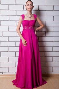 Fuchsia Square Straps Beading Prom Dress Floor-length