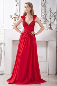 Red A-line V-neck Beading Prom Gown with Brush Train