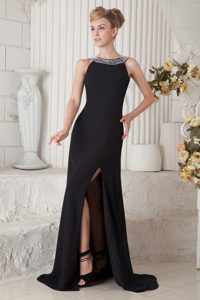 2014 Black Column Bateau Beading Prom Dress For Elegance