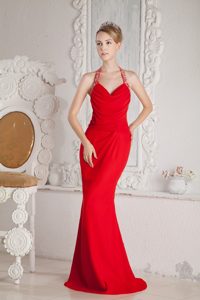 Mermaid Beaded Halter Ruching Red Prom Dress Floor-length